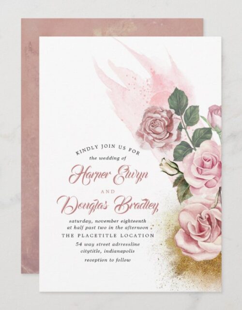 Dusty Rose Floral Vintage Gold Glitter Wedding Invitation