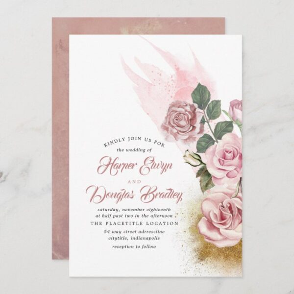 Dusty Rose Floral Vintage Gold Glitter Wedding Invitation