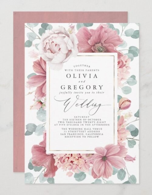 Dusty Rose Flowers and Greenery Elegant Wedding Invitation