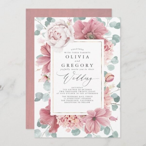 Dusty Rose Flowers and Greenery Elegant Wedding Invitation