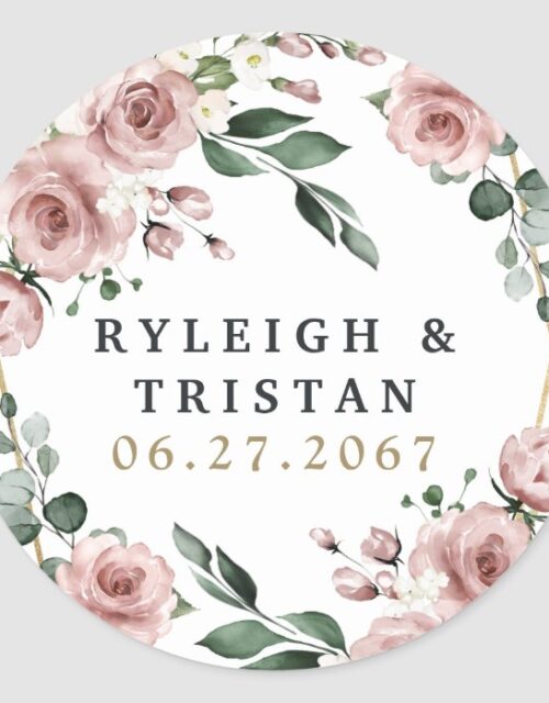 Dusty Rose Pink and Gold Floral Greenery Wedding Classic Round Sticker