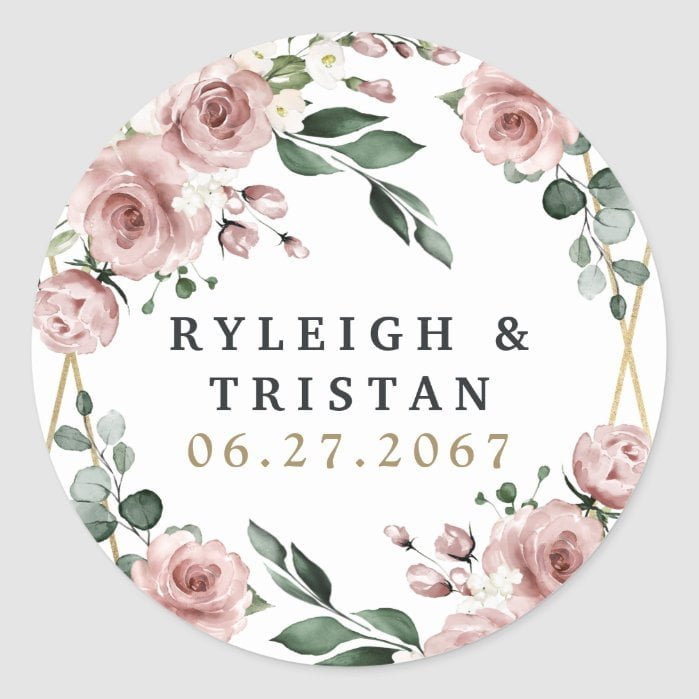 Dusty Rose Pink and Gold Floral Greenery Wedding Classic Round Sticker