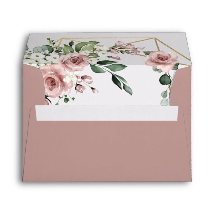 Dusty Rose Pink and Gold Medium Greenery Wedding Envelope