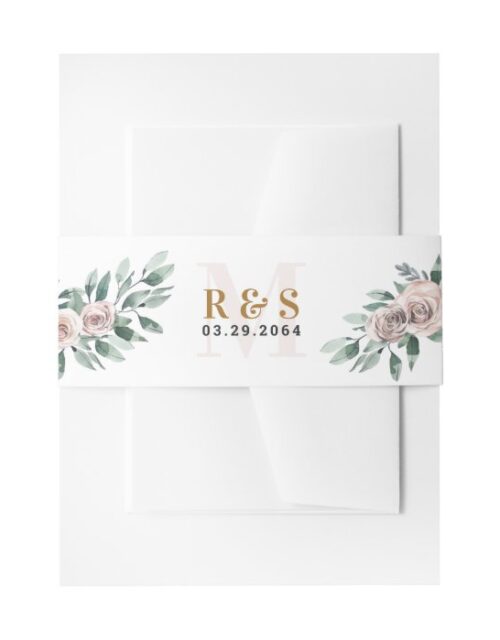 Dusty Rose Pink Mauve Gold Greenery Floral Wedding Invitation Belly Band