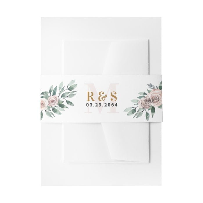 Dusty Rose Pink Mauve Gold Greenery Floral Wedding Invitation Belly Band