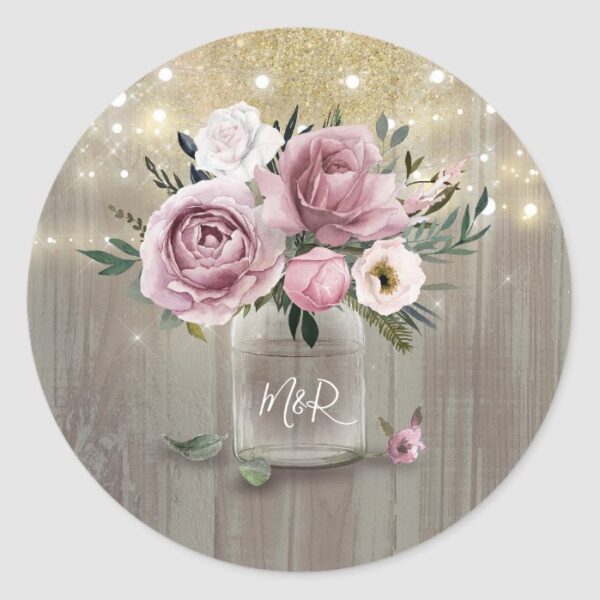 Dusty Rose Rustic Country Floral Mason Jar Classic Round Sticker