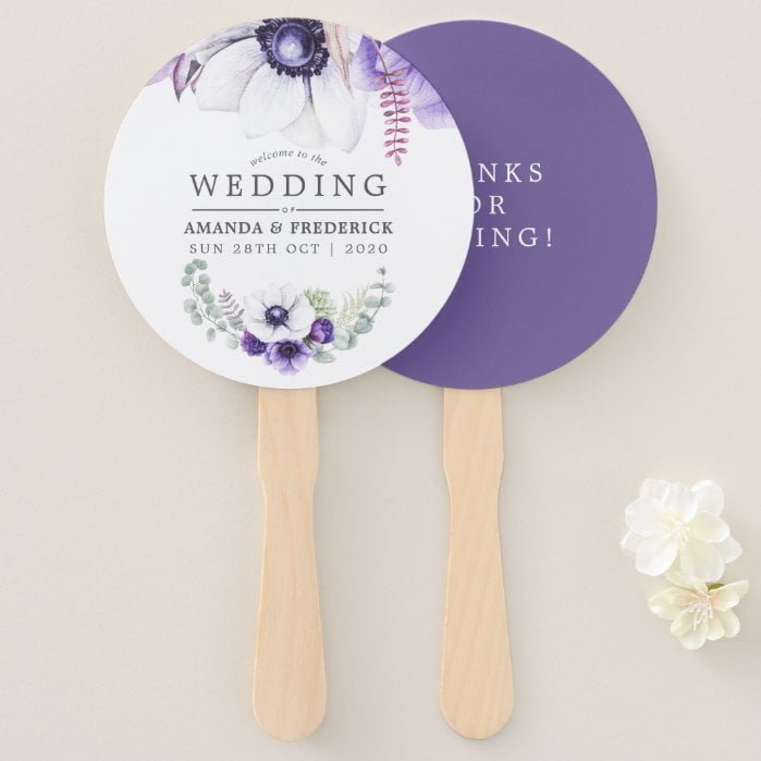 Dusty Violet Wedding Watercolor Floral Favor Hand Fan