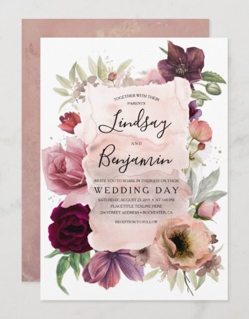 Earthy Tones Burgundy Floral Vintage Wedding Invitation