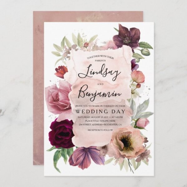 Earthy Tones Burgundy Floral Vintage Wedding Invitation