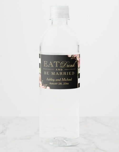 Eat Drink and Be Married | Floral Stripes Wedding Water Bottle Label