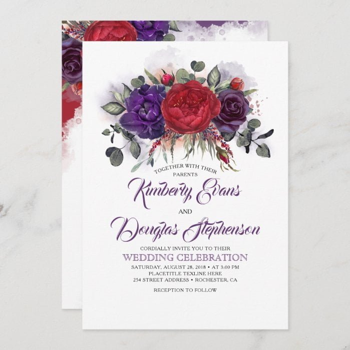 Eggplant Purple and Burgundy Floral Fall Wedding Invitation