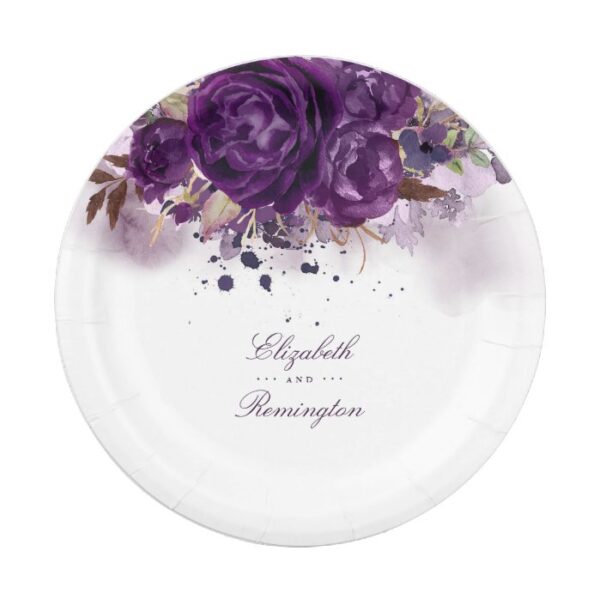 Eggplant Purple Floral Paper Plate
