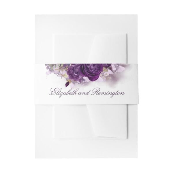 Eggplant Purple Flowers Elegant Wedding Invitation Belly Band