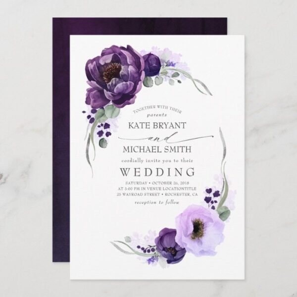 Eggplant Purple Peony and Greenery Silver Wedding Invitation