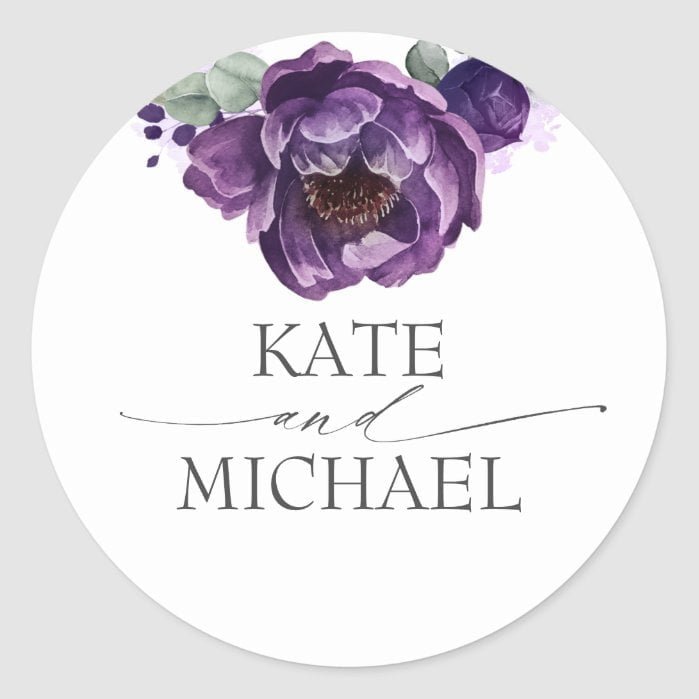 Eggplant Purple Peony Elegant Watercolor Classic Round Sticker