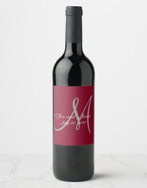 Elegant Affair Burgundy Monogram Names Wedding Wine Label