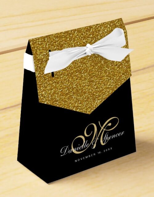 Elegant Black and Gold Glitter Wedding Thank You Favor Box