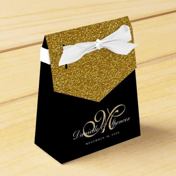 Elegant Black and Gold Glitter Wedding Thank You Favor Box