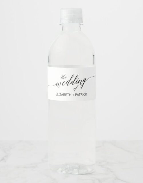 Elegant Black Calligraphy Wedding Water Bottle Label