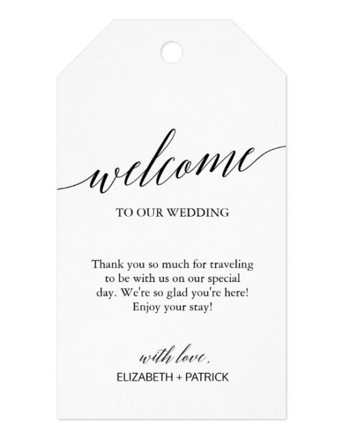 Elegant Black Calligraphy Wedding Welcome Gift Tags