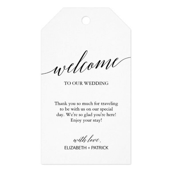 Elegant Black Calligraphy Wedding Welcome Gift Tags