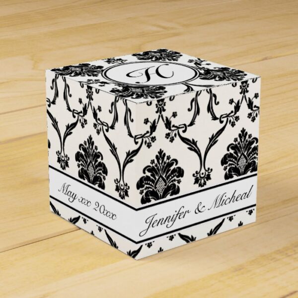 Elegant Black Damask Favor Box with Custom Name
