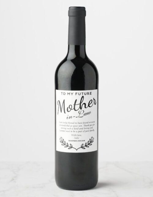 Elegant Black & White Mother in-law Wedding Gift Wine Label
