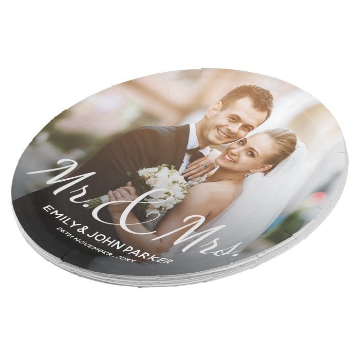 Elegant Black White Mr And Mrs Round Wedding Party Paper Plate