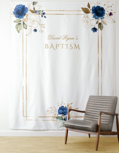 Elegant Blue Floral Gold Baptism Boy Photo Booth Tapestry