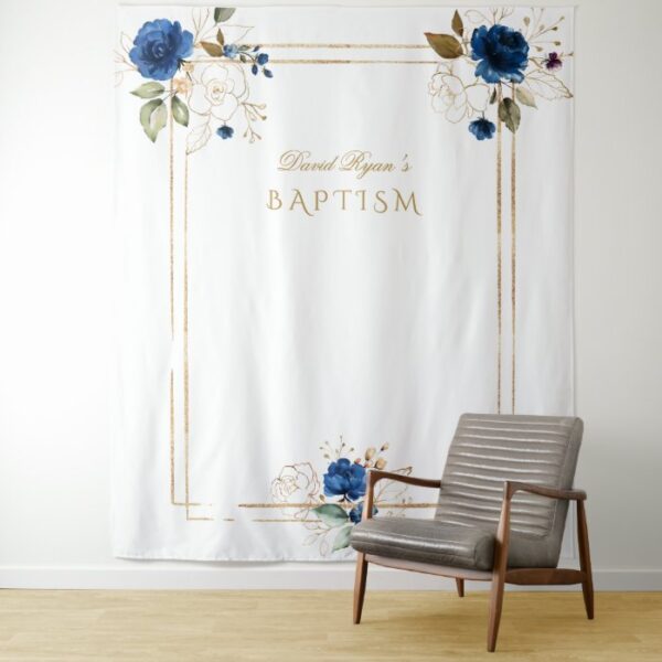 Elegant Blue Floral Gold Baptism Boy Photo Booth Tapestry