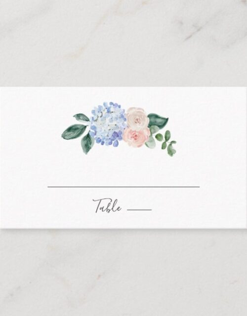 Elegant Blue Hydrangea | White Flat Wedding Place Card