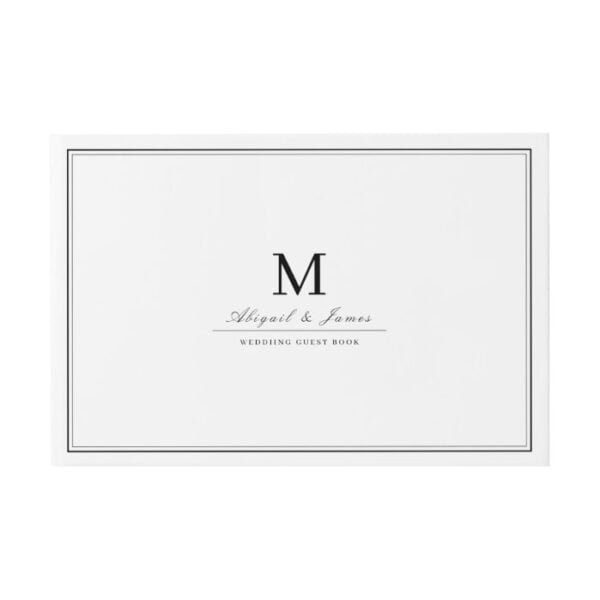 Elegant borders black white minimalist monogram guest book