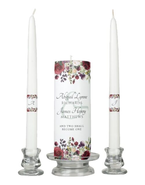 Elegant Burgundy Floral Bride & Groom Monogram Unity Candle Set