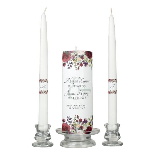 Elegant Burgundy Floral Bride & Groom Monogram Unity Candle Set