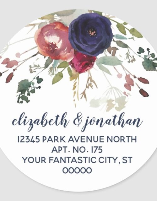 Elegant Burgundy Navy Rose Gold Return Address Classic Round Sticker