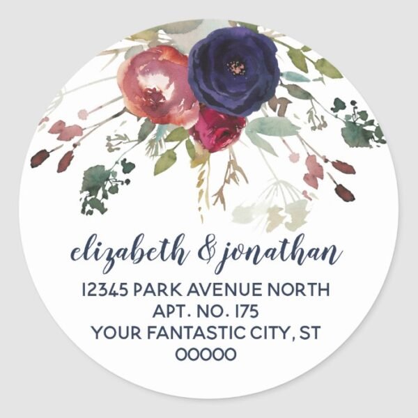 Elegant Burgundy Navy Rose Gold Return Address Classic Round Sticker