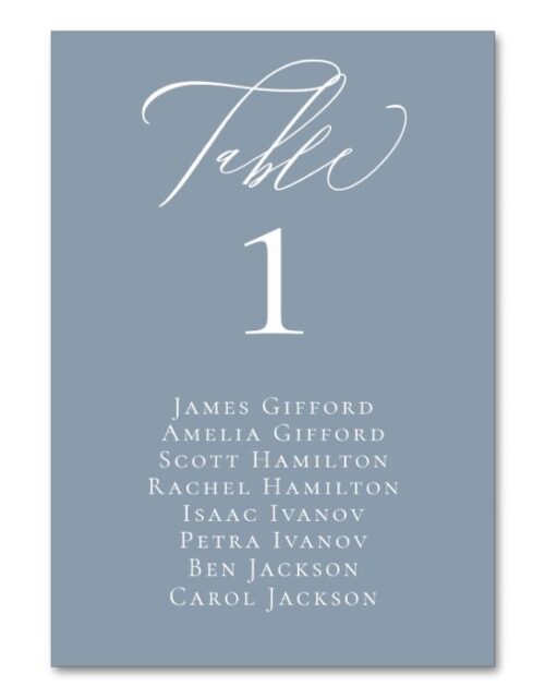 Elegant Calligraphy Dusty Blue Seating Table Card