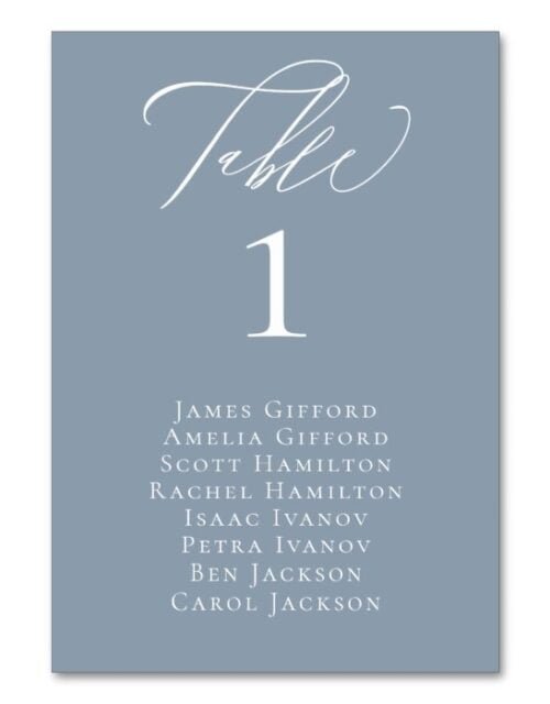 Elegant Calligraphy Dusty Blue Seating Table Card