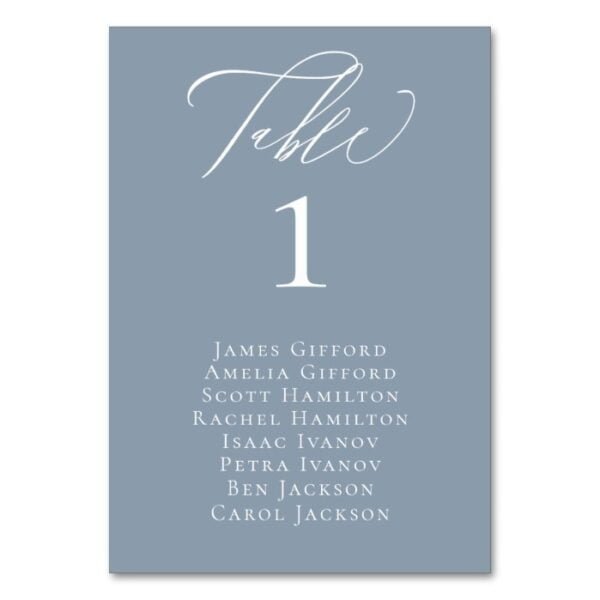 Elegant Calligraphy Dusty Blue Seating Table Card