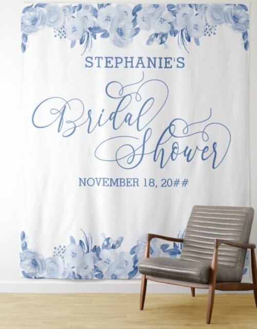 Elegant Calligraphy Dusty BlueFloral Bridal Shower Tapestry