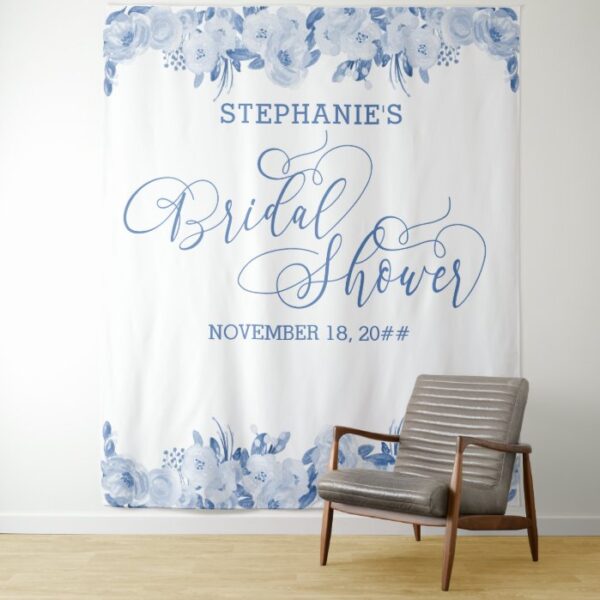 Elegant Calligraphy Dusty BlueFloral Bridal Shower Tapestry
