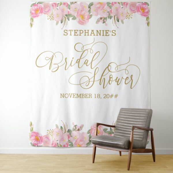 Elegant Calligraphy Pink Gold Floral Bridal Shower Tapestry