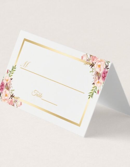Elegant Chic Blush Pink Floral Gold Frame Wedding Place Card