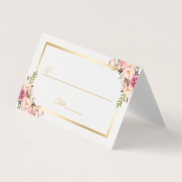 Elegant Chic Blush Pink Floral Gold Frame Wedding Place Card