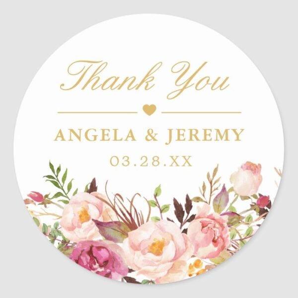 Elegant Chic Blush Pink Floral Wedding Thank You Classic Round Sticker