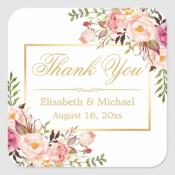 Elegant Chic Floral Gold Frame Thank You Square Sticker