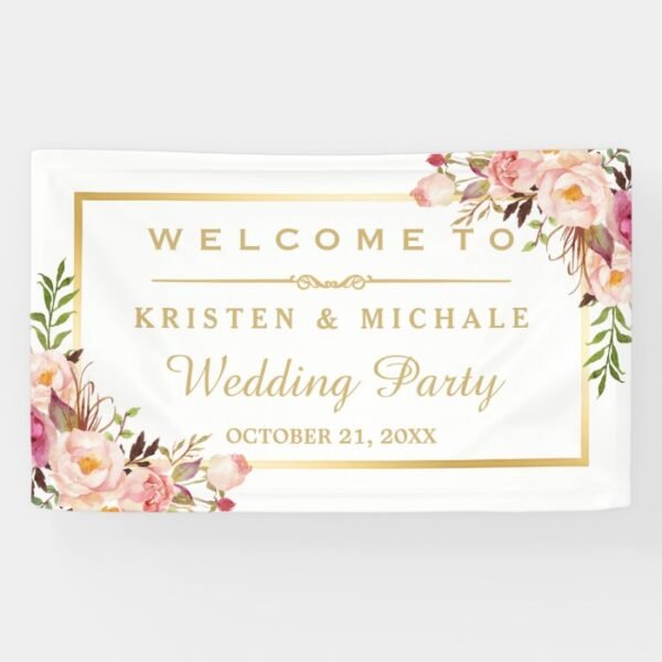 Elegant Chic Floral Gold Frame Wedding Party Banner