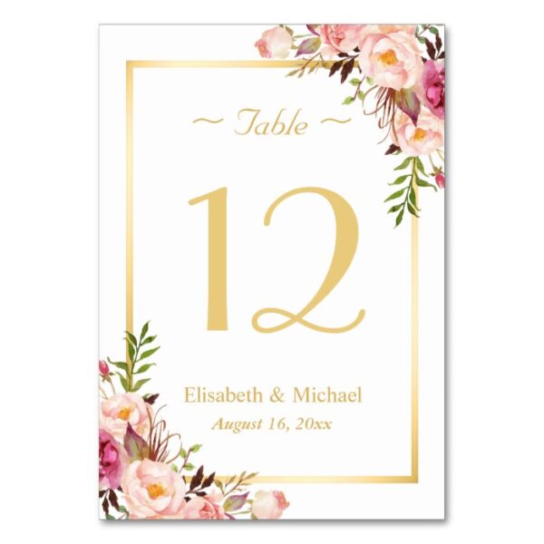 Elegant Chic Pink Floral Gold Wedding Table Number