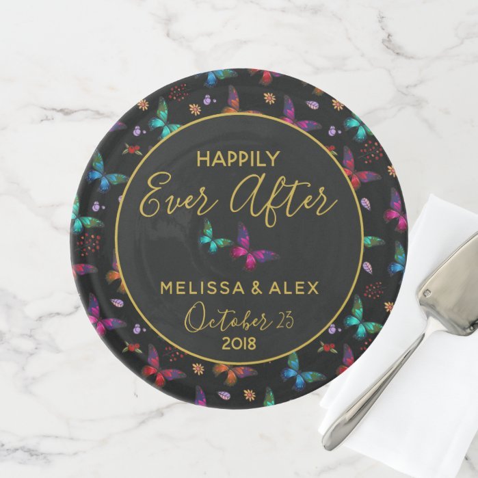 Elegant Colorful Butterflies on Black Wedding Cake Stand