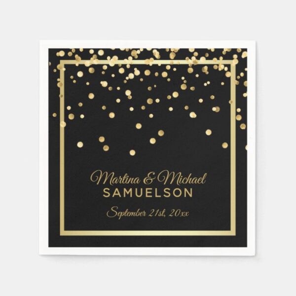 Elegant Custom Black Gold Confetti Wedding Paper Napkins